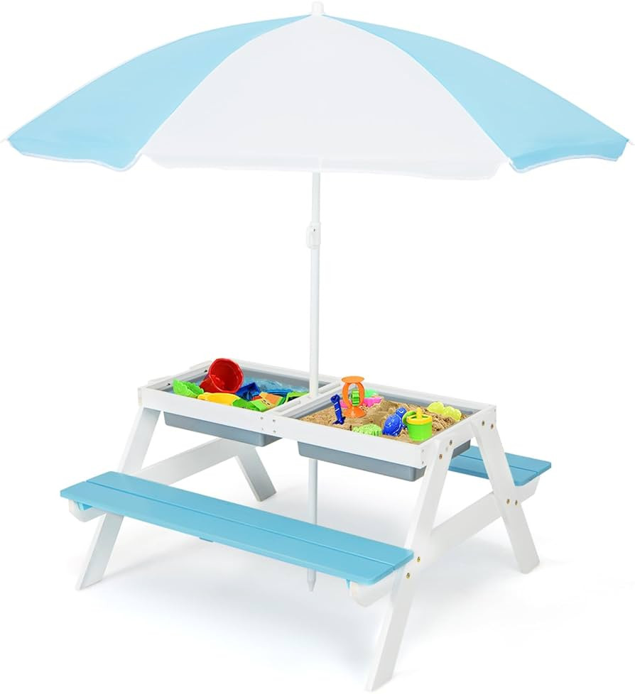 Costzon Kids Picnic Table, 3 in 1 Sand & Water Table w/Height Adjustable Umbrella, Removable Tabl... | Amazon (US)