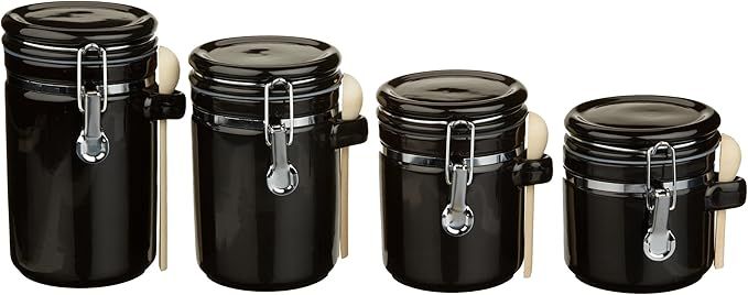 Anchor Hocking 4-Piece Ceramic Canister Set with Clamp Top Lid and Wooden Spoon, Black | Amazon (US)