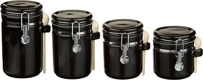 Anchor Hocking 4-Piece Ceramic Canister Set with Clamp Top Lid and Wooden Spoon, Black | Amazon (US)