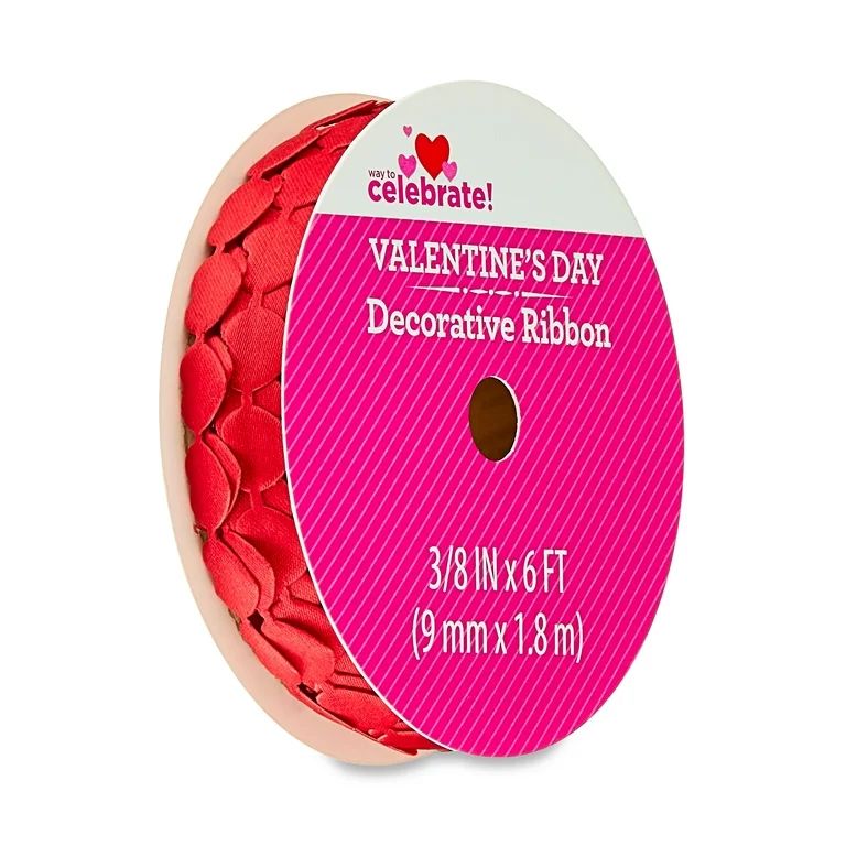 Valentine's Day Red Die Cut Heart Polyester Ribbon, 3/8" x 6', by Way To Celebrate | Walmart (US)