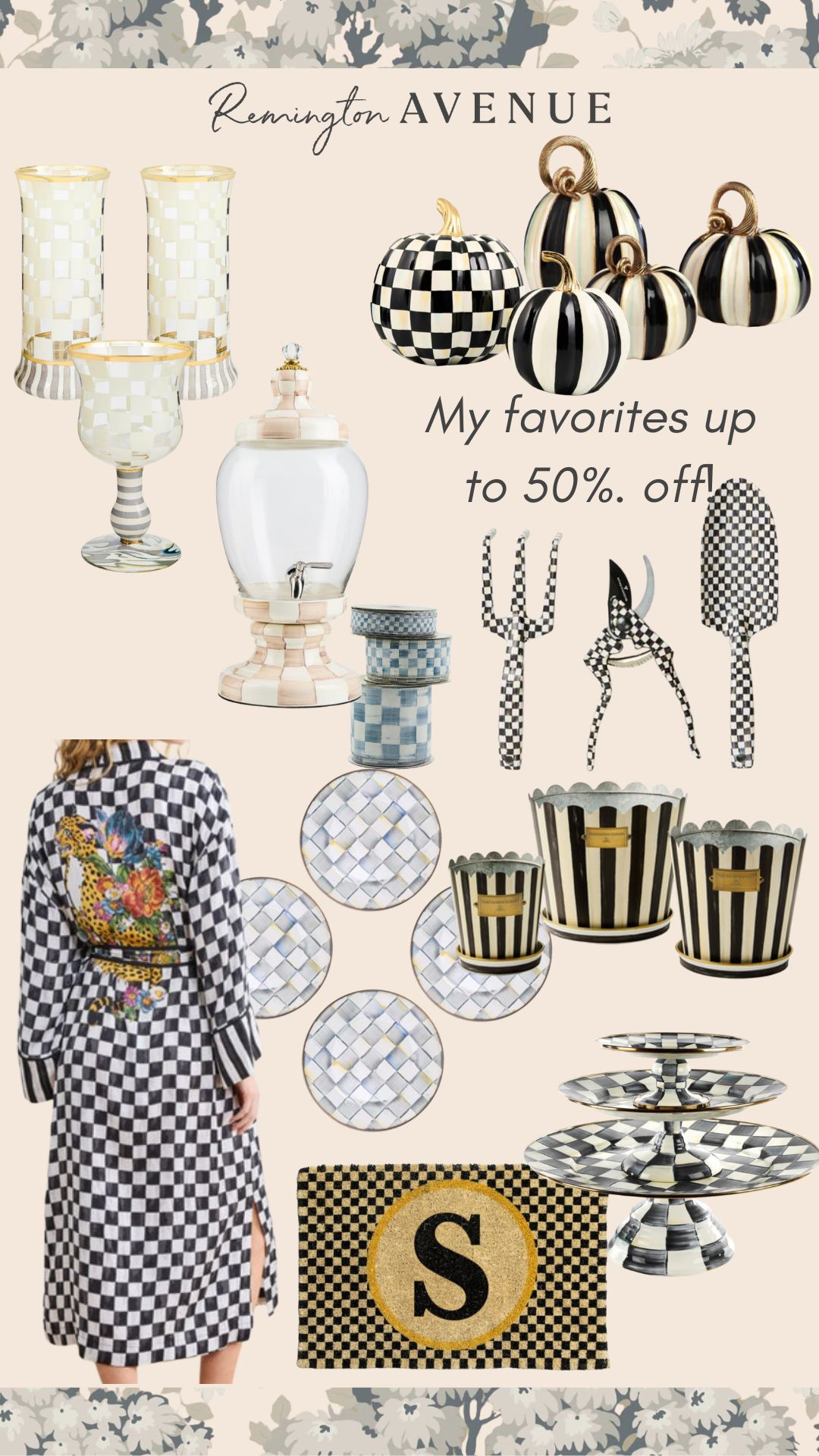 Mackenzie Childs on sale. MC robe. MC plates. Door Mat. Cake Tray. Gardening tools. Flower pots. Ribbon. Drink Dispenser. Highball Glass. Wine Glass. Pumpkin Decor.
