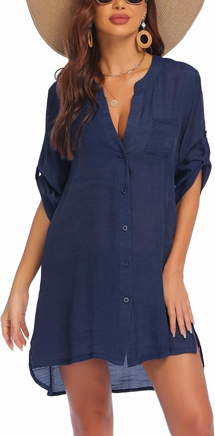 AI'MAGE Women's Swimsuit Cover Ups Shirt V-Neck Button Down Bathing Suit Coverups Beach Tunic Top... | Amazon (US)