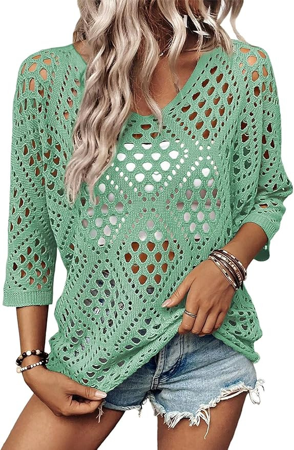 SHEWIN Womens Summer Tops Hollow Out Beach Crochet Cover Ups V Neck 3/4 Sleeve Pullover Sweater S... | Amazon (US)