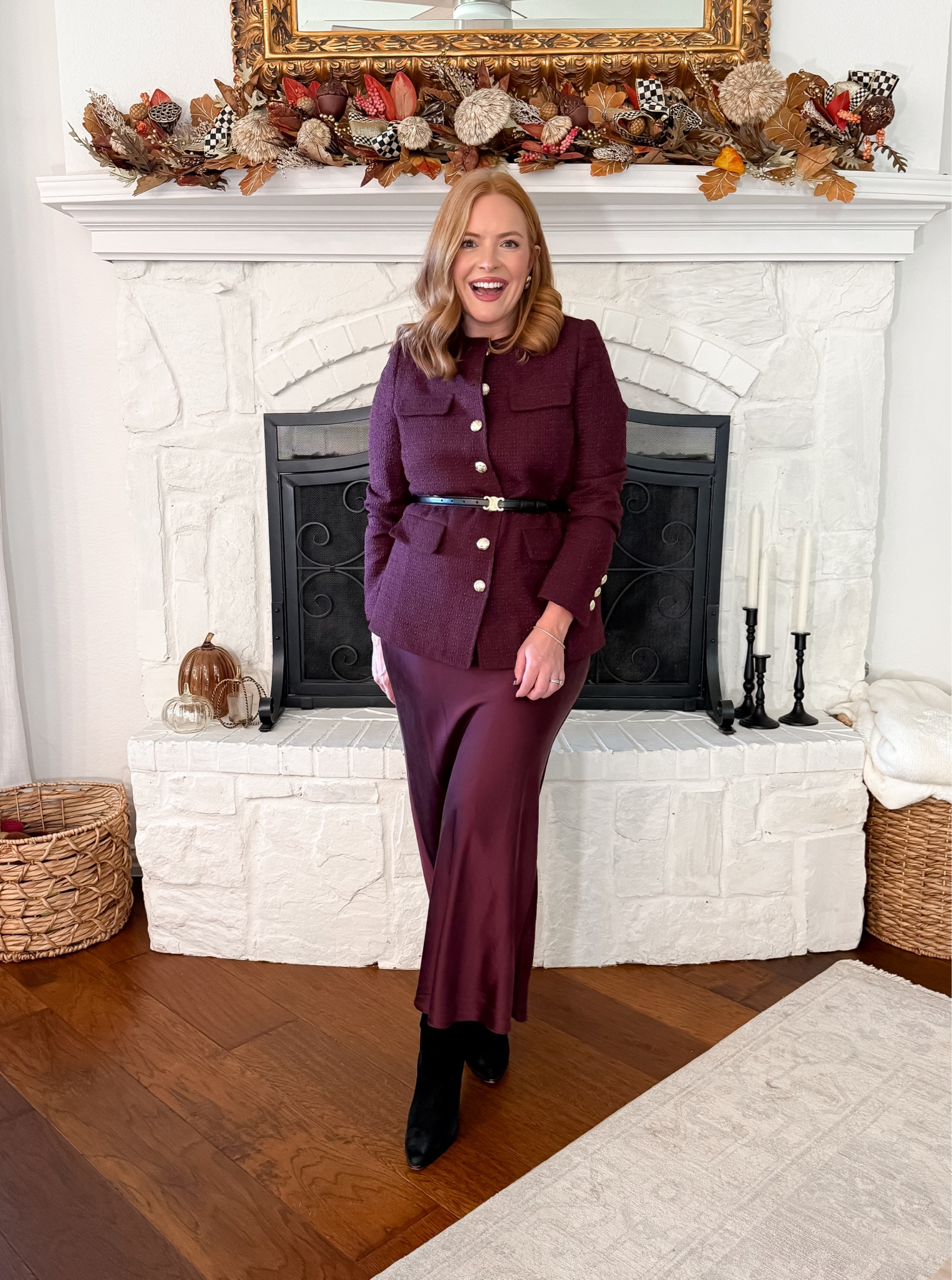 Chic fall work outfit idea 🍂 A structured tweed jacket + satin midi skirt = the perfect polished combo for the office or business casual events. I love belting the jacket to define the waist—super flattering for working moms who want easy elegance!

Keywords: fall work outfit, tweed jacket, satin midi skirt, chic office outfit, business casual style, classy fall outfit
Shop & Save on LTK: #LTKunder150 #LTKWorkwear