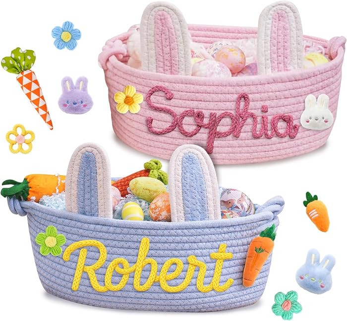 Personalized Easter Baby Baskets with 3D Name - Custom Cotton Rope Bunny Gift Basket for Kids, Wo... | Amazon (US)