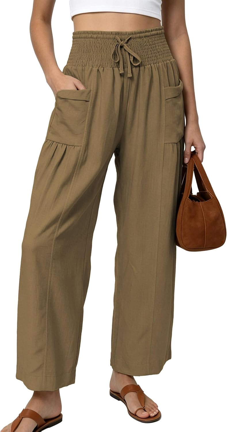 Women Linen Cotton Wide Leg Pants for Women High Waist Relaxed Casual Flowy Trousers Pockets Travel Daily Summer | Amazon (US)