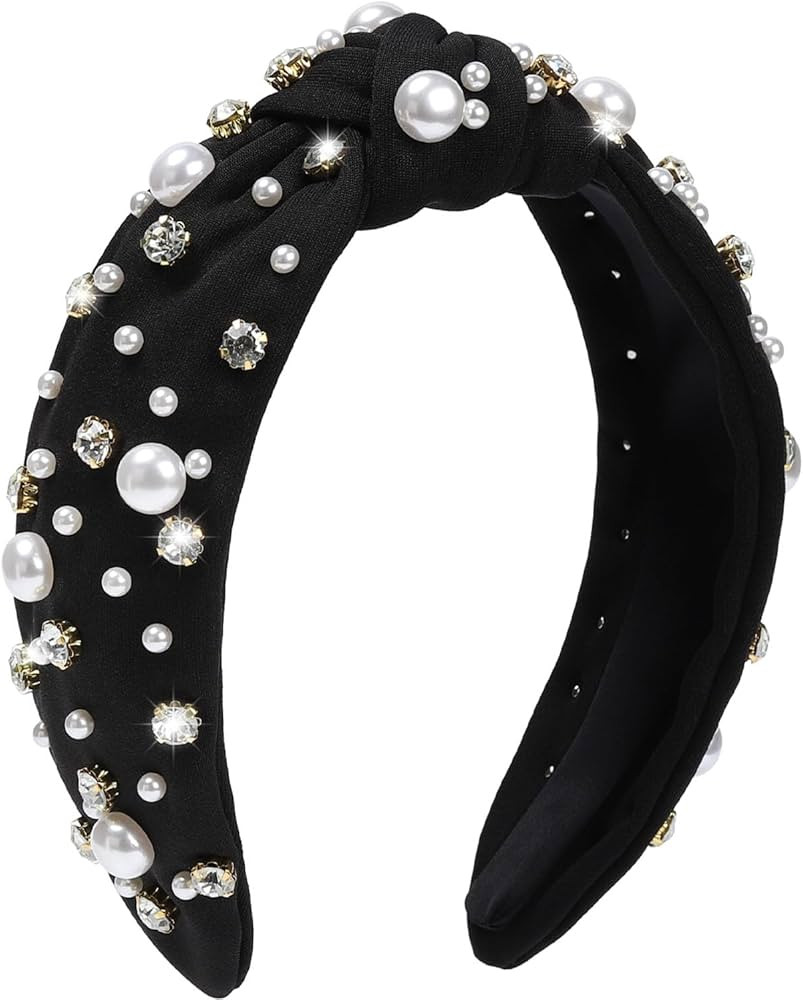 WantGor Pearl Knotted Headband, Women Rhinestone Embellished Hairband Elegant Wide Top Knot Bride... | Amazon (US)