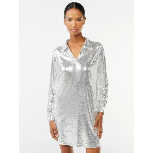 Scoop Women's Relaxed Sequin Shirt Dress with Long Sleeves - Walmart.com | Walmart (US)