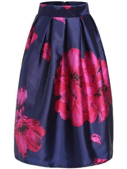 Blue Apricot Plum Flower Print Flare Skirt | SHEIN