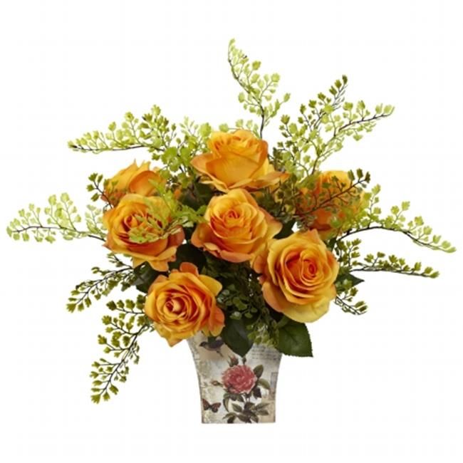 Nearly Natural 1379-OY Rose & Maiden Hair With Floral Planter - Orange Yellow | Walmart (US)