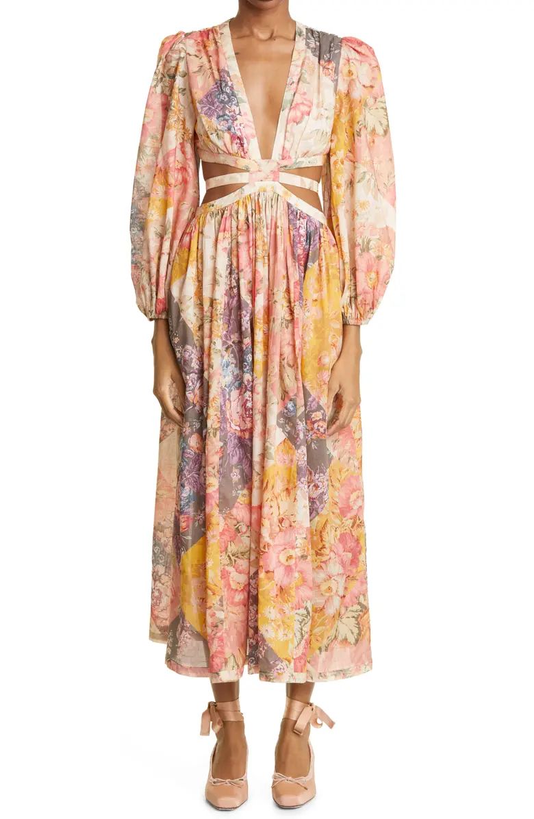 Floral Print Long Sleeve Cutout Cotton Maxi Dress | Nordstrom