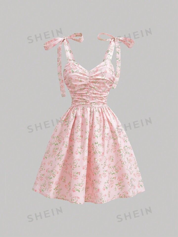 SHEIN MOD Pink Floral Print Shoulder Tie Women's Dress | SHEIN