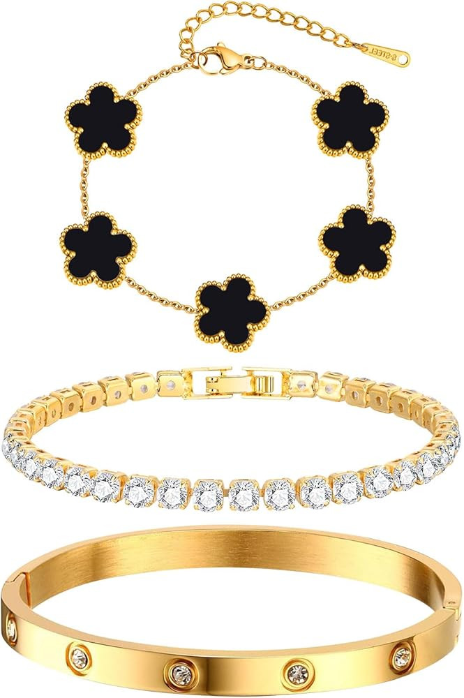 Womens Stackable Floral Gold Bracelets - 3Pcs 18K Gold Plated Bracelet,Stainless Steel Bangle Bra... | Amazon (US)