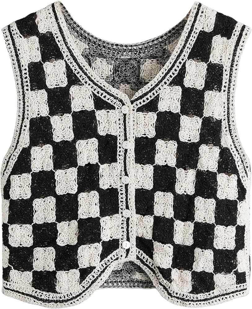 Verdusa Women's Button Front V Neck Sleeveless Crochet Plaid Checkered Knit Sweater Vest | Amazon (US)