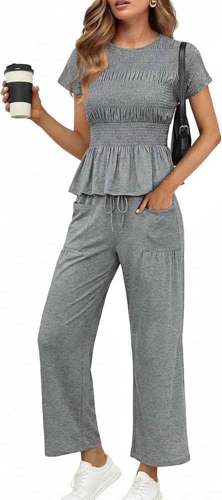 Cicy Bell Womens 2 Piece Outfits Smocked Short Sleeve Tops Wide Leg Elastic Waist Pants Casual Bo... | Amazon (US)
