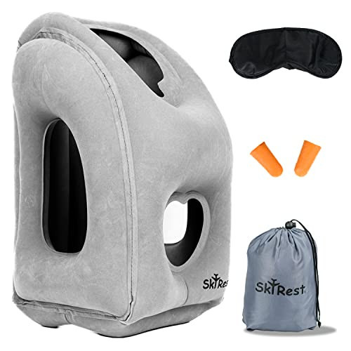 Skyrest Inflatable Travel Pillow - Airplane Pillow for Neck Support on Long Flights, Buses, Cars, Office & Trains - Comes with Eye Mask, Earplugs & Portable Drawstring Bag - Grey | Amazon (US)