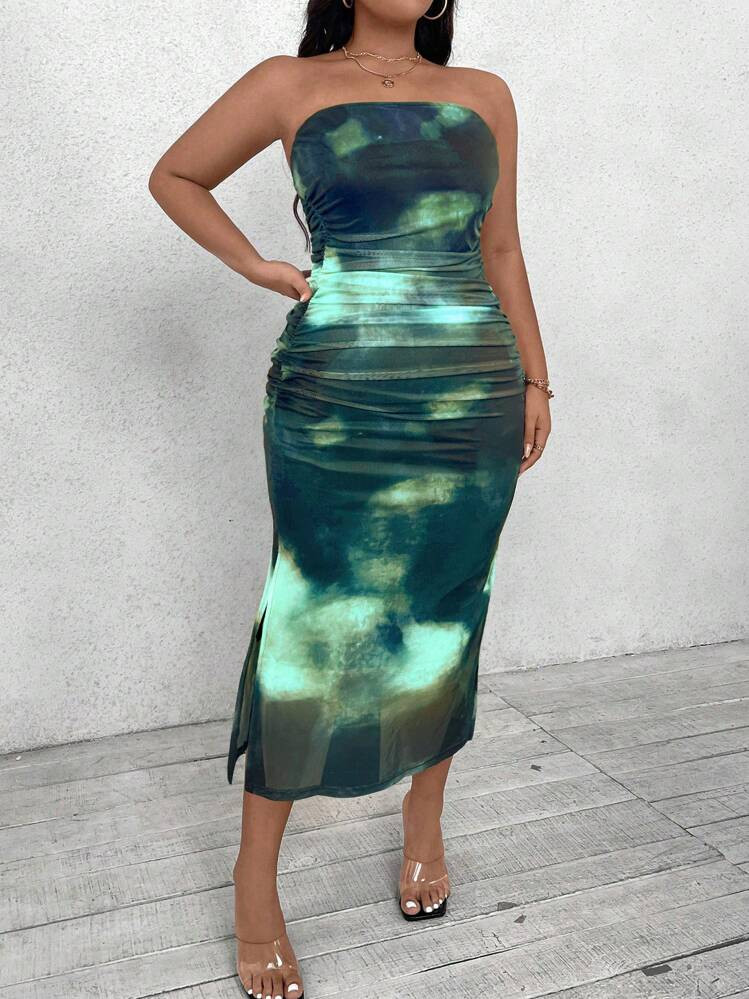 Celure Plus Size Women's Mesh Printed Knitted Strapless Draped Elegant Summer Dress, For Christmas Maxi Women Outfit | SHEIN