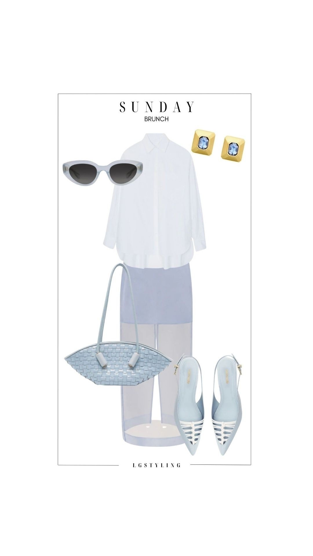 SUNDAY — BRUNCH
Ending the week in tonal blues. 🩵 The white button-down softens a sheer color-block skirt, while icy blue accessories keep the palette light and cohesive. Feminine, unexpected and just polished enough for Sunday brunch.