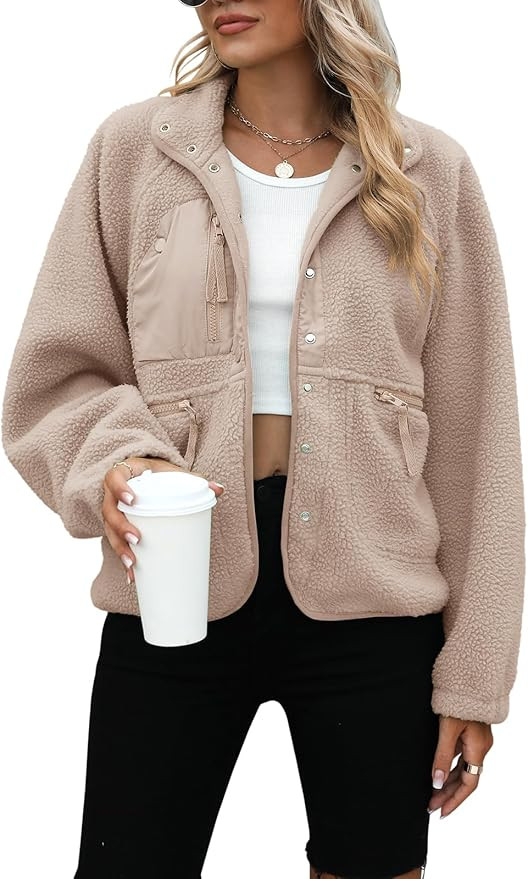 Yanekop Womens Fleece Jacket Fuzzy Long Sleeve Short Winter Coats Button Down Sherpa Jacket Outer... | Amazon (US)