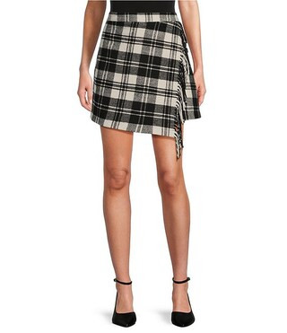Antonio Melani Georgie Woven Brushed Plaid Fringe High Rise Wrap Front Mini A-Line Skirt | Dillar... | Dillard's