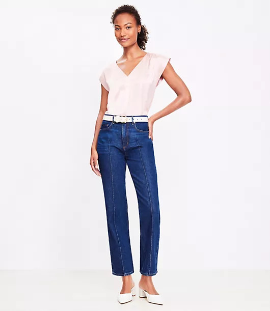 Loft Pintucked High Rise Straight Jeans in Refined Dark Indigo Wash | LOFT