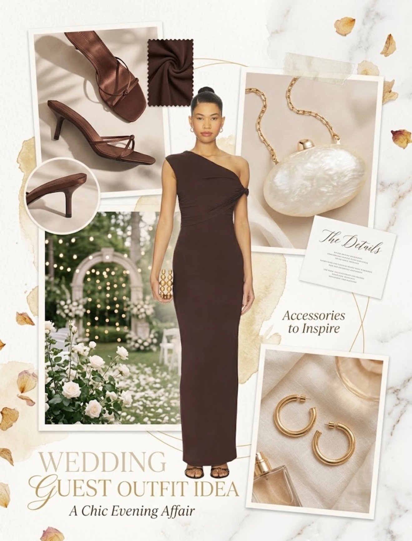 Looking for an elegant, modern wedding guest outfit? This rich chocolate brown one-shoulder maxi dress paired with strappy heel mules, a chic pearl clutch bag, and classic gold hoop earrings creates the ultimate elevated look for formal, black-tie, or evening receptions.

#LTKgrwm #LTKNYFW #LTKU