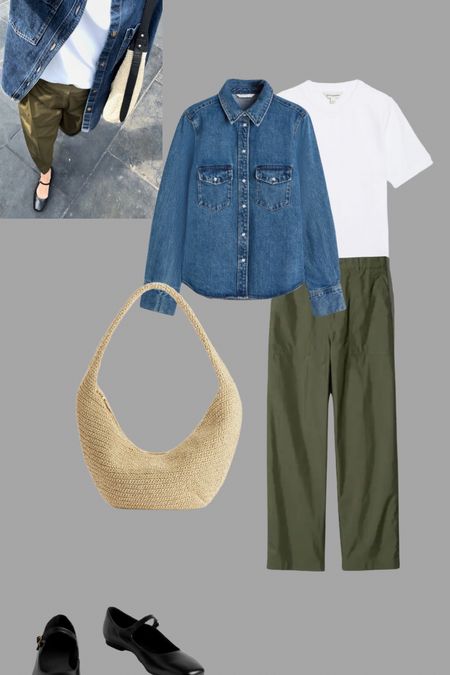 Khaki barrel leg trousers, a white tee, denim shirt layer and summer accessories

#LTKover40 #LTKeurope