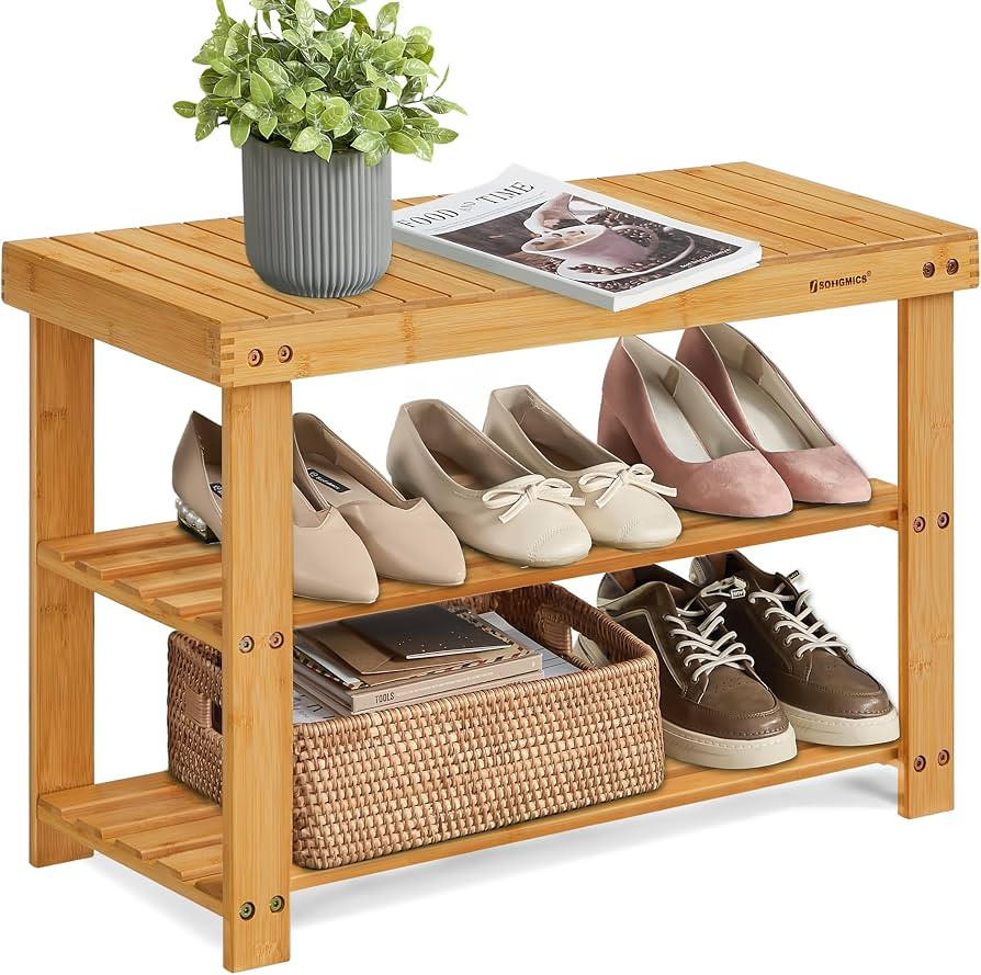 SONGMICS Shoe Rack Bench, 3-Tier Bamboo Shoe Storage Organizer, Entryway Bench, Holds Up to 286 l... | Amazon (US)