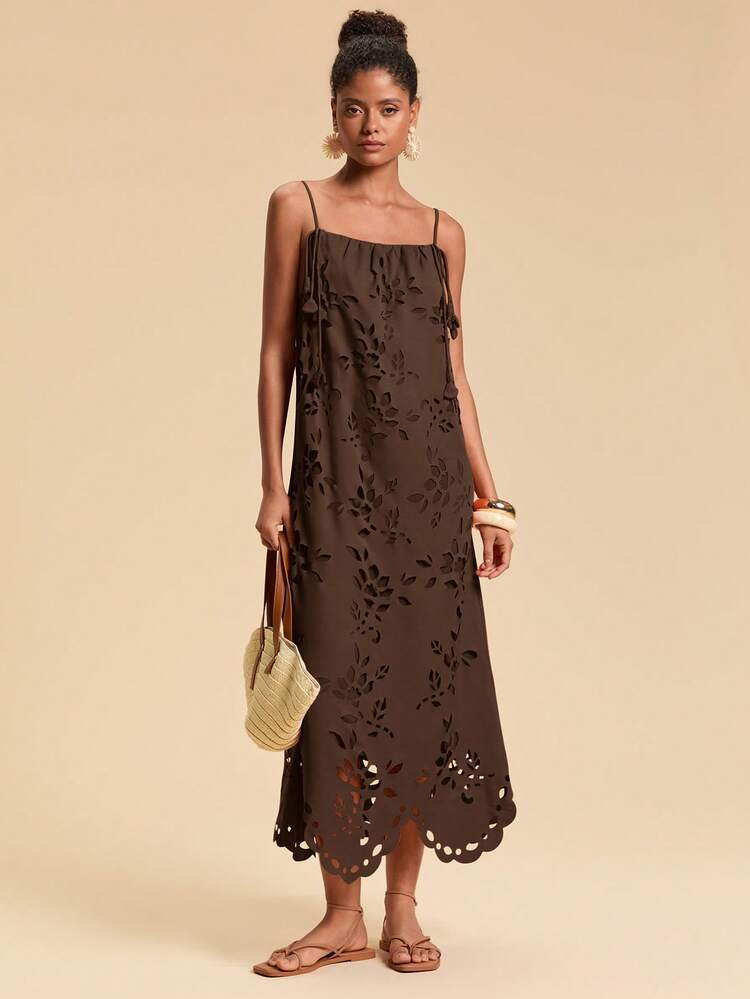 Travachic Solid Color Woven Dress For Women, Vacation Floral Applique Dress, Christmas Outfit, New Year Clothes, Thanksgiving, Chic Elegant Dress For Party, Luxury Wedding Guest Party Dress, Chic Beachwear,Summer Outfits For Women,Party Dress,Beach Outfit,Elegant Dresses For Women Summer Wedding Guest Dress Orange Sundress,Summer Dresses For Women | SHEIN