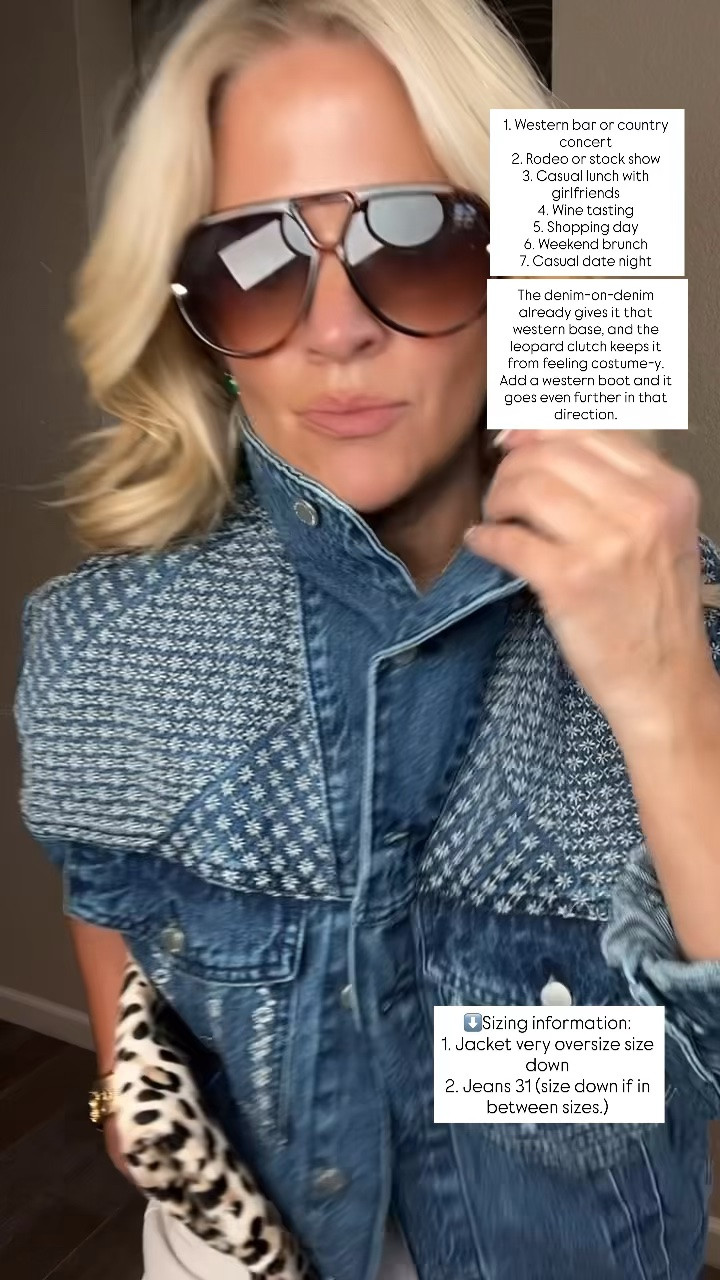 ✨Tap the bell, save and ❤️ start here over 40 fashion, midlife style, midsize fashion and luxury looks for less.  

1. Western bar or country concert
2. Rodeo or stock show
3. Casual lunch with girlfriends
4. Wine tasting
5. Shopping day
6. Weekend brunch
7. Casual date night

The denim-on-denim already gives it that western base, and the leopard clutch keeps it from feeling costume-y. Add a western boot and it goes even further in that direction.

👑 Helping you look good, feel good.-Lindsey Denver   Check back daily for belly-friendly style, confidence, and Outfit Physics™.

#LTKOver40 #LTKMidsize #LTKSaleAlert