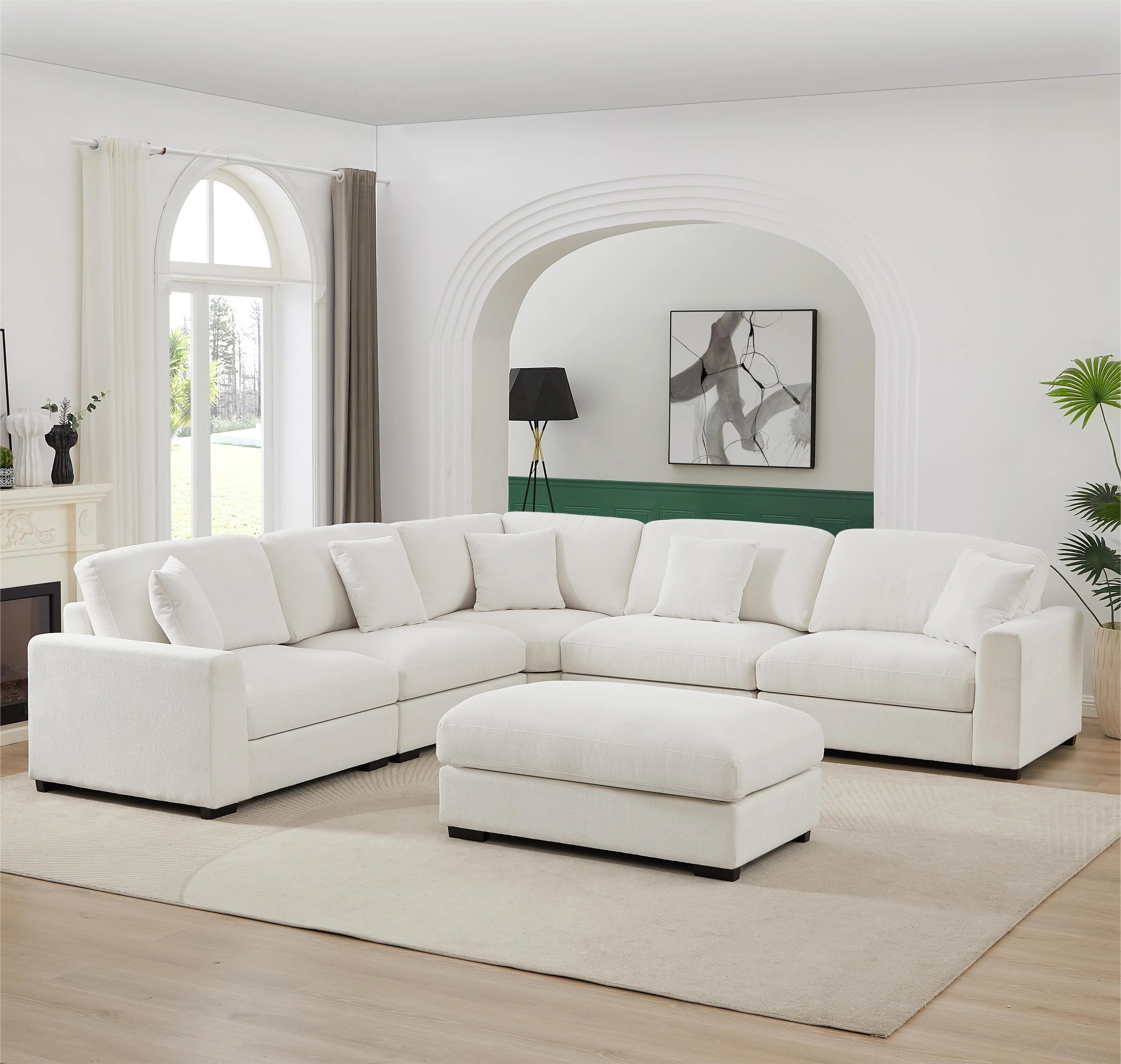 LolLov Furniture 6 Piece Modern Polyester Sectional Sofa Living Room Set Snow White - Walmart.com | Walmart (US)