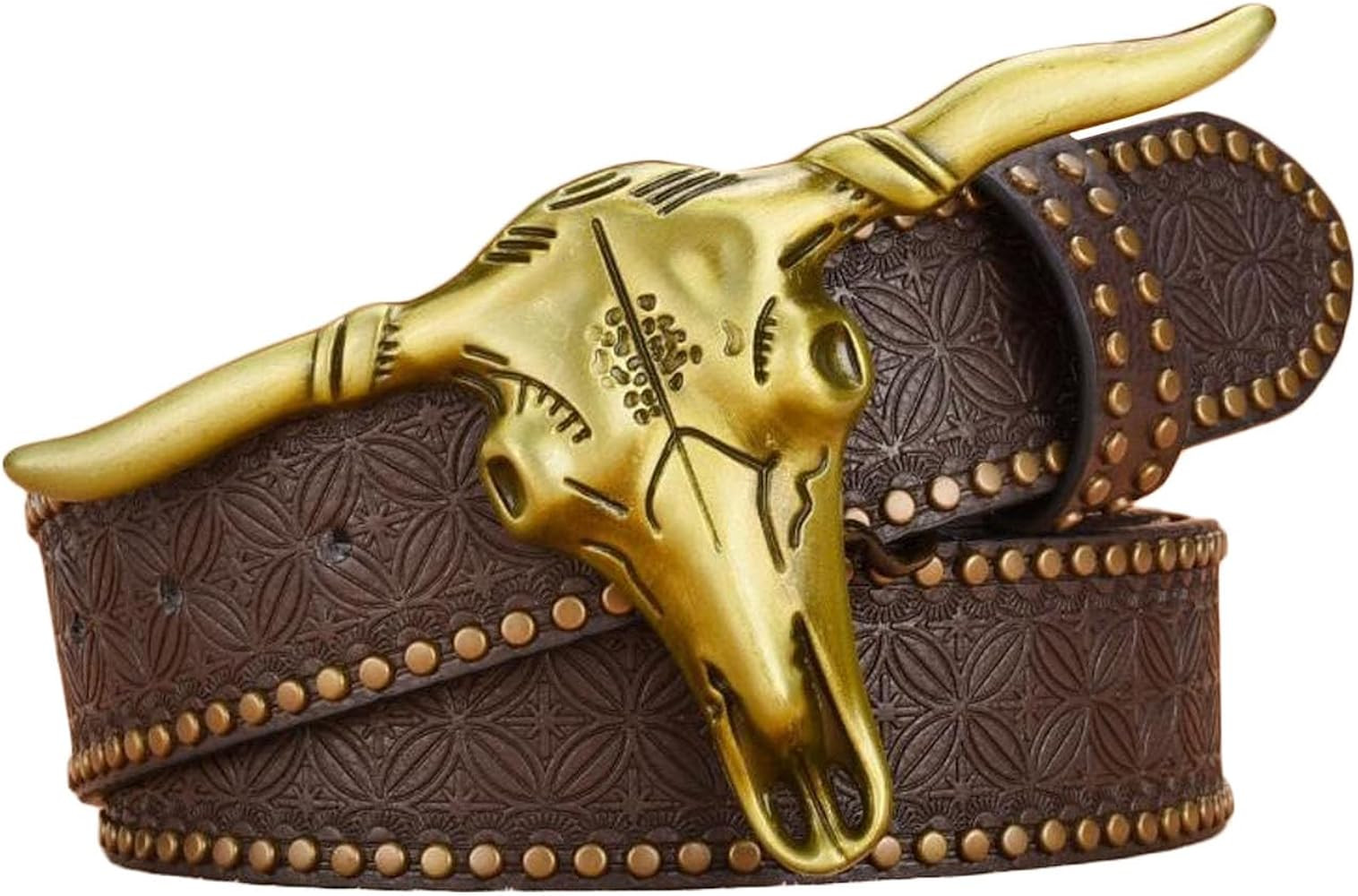 1PCS Western Cowboy Belt Buckles for Men PU Leather Buckle Belt Vintage Bullhead Belt 125cm/4.1ft | Amazon (US)