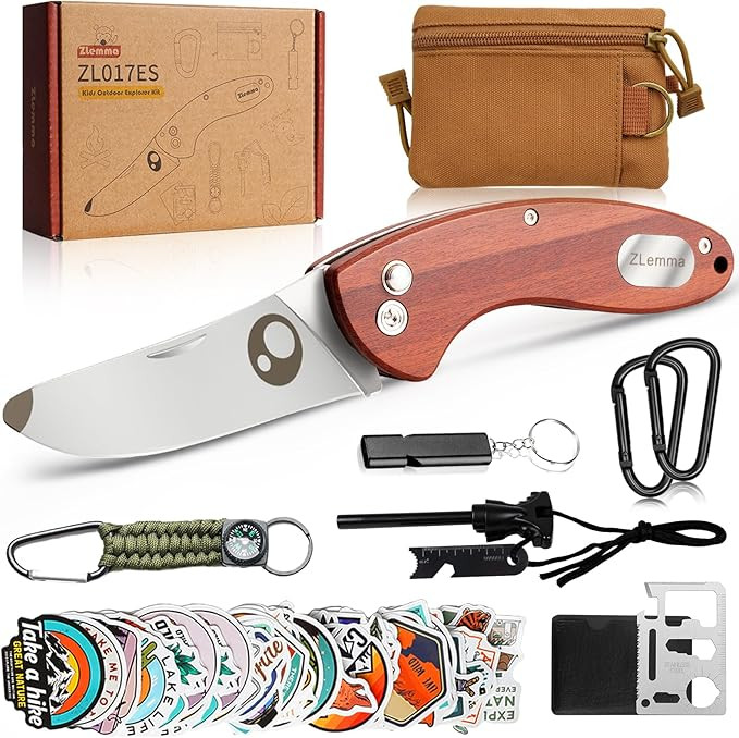 Kids Pocket Knife with Camping Survival Kit, Whistle, Fire Starter, Compass, Carabiners and Carry... | Amazon (US)