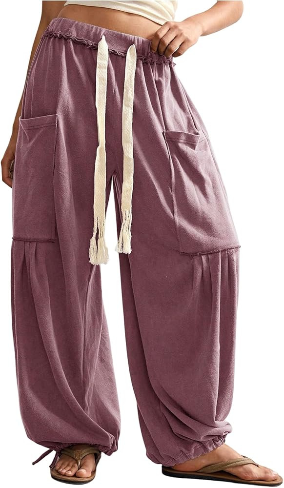 RoseSeek Women's Baggy Boho Harem Pants Drawstring Waist Wide Leg Sweatpants Casual Trousers Jogg... | Amazon (US)