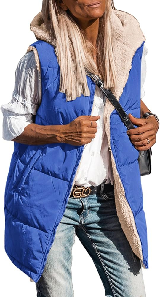 PRETTYGARDEN Womens 2026 Fall Reversible Long Vests Sleeveless Fleece Jacket Zip Up Hoodie Pocket... | Amazon (US)