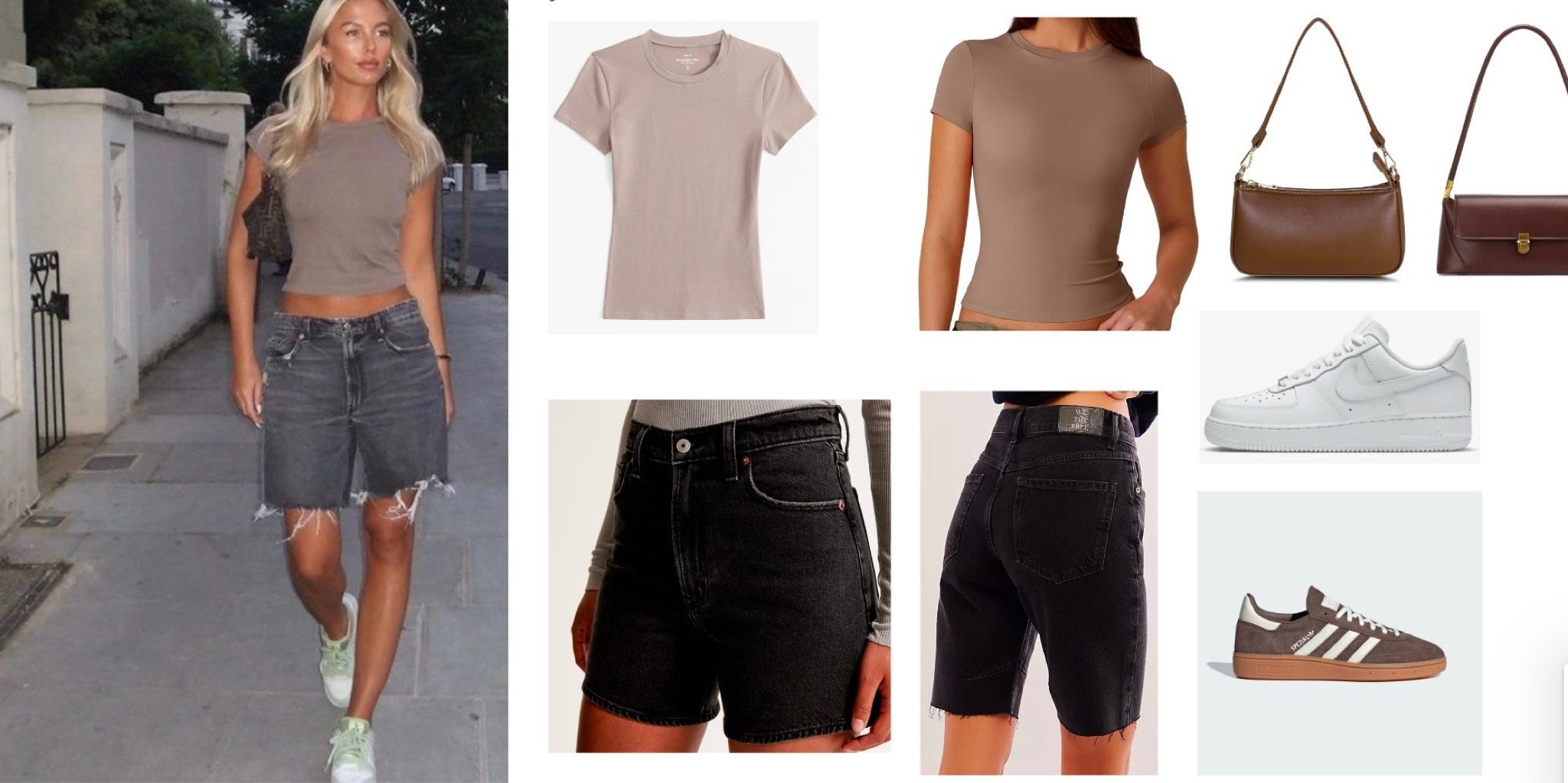 Brown fitted T-shirt paired with black long denim shorts with matching brown shoes and brown bag to complete the look! 

#LTKSeasonal #LTKstyletip #LTKfindsunder100