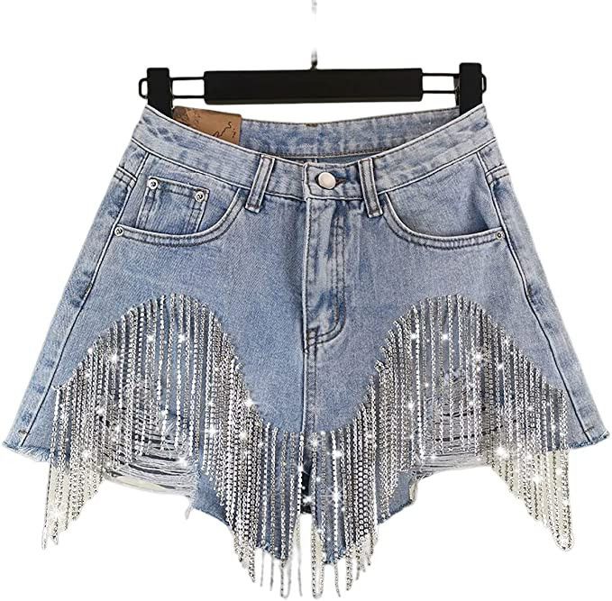 Women's Diamond Tassels Denim Shorts Summer High Waist Ripped Jeans Shorts with Rhinestone Fringe | Amazon (US)