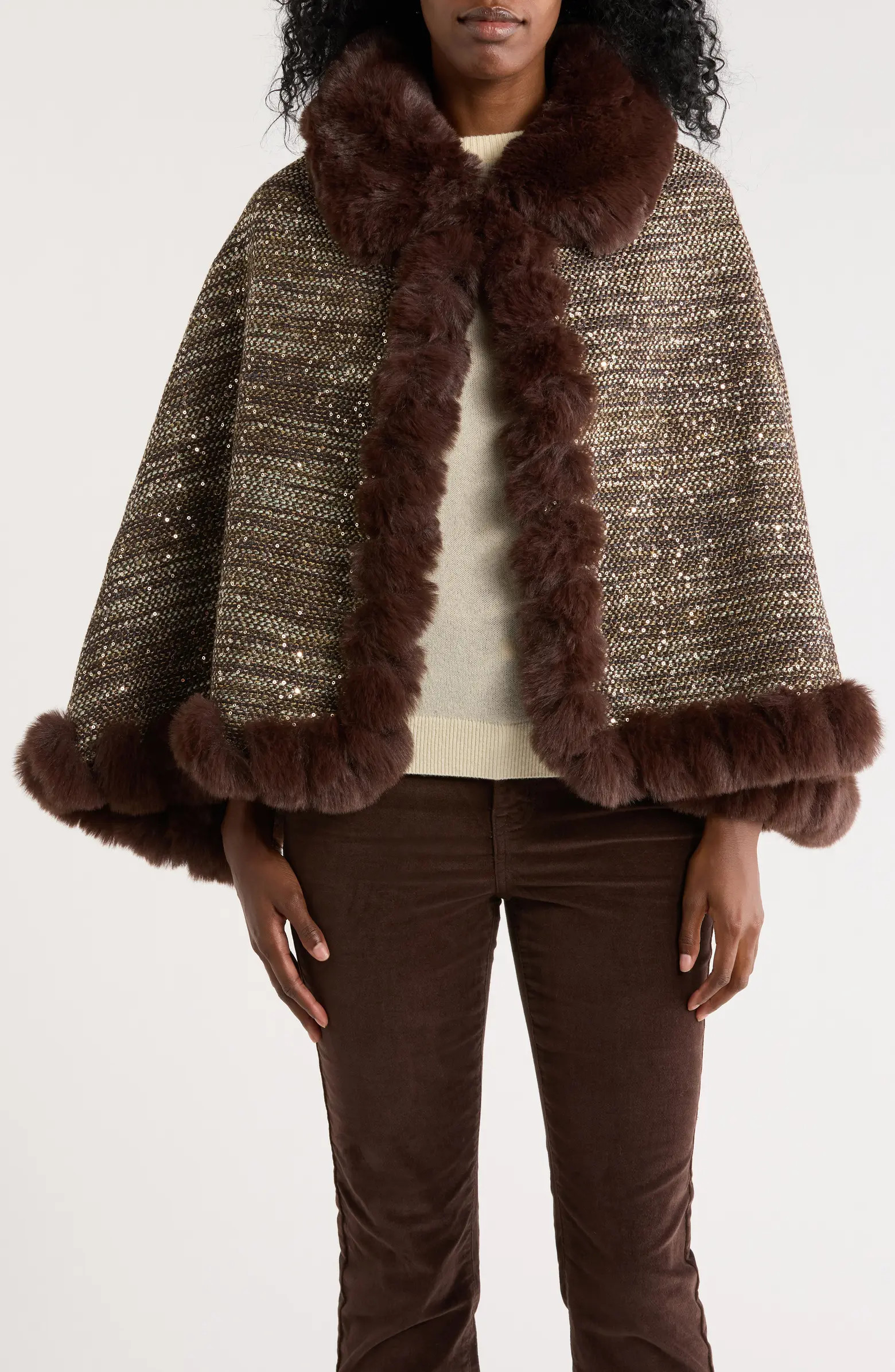 Vince Camuto Sequin Tweed Cape with Faux Fur Trim | Nordstromrack | Nordstrom Rack