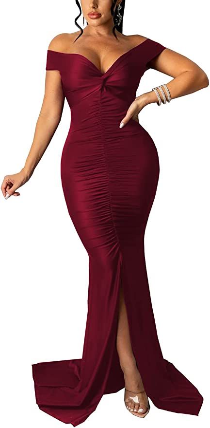 BessCops Women's Sexy Off Shoulder Dress V Neck High Split Long Formal Party Maxi Floor Dresses E... | Amazon (US)