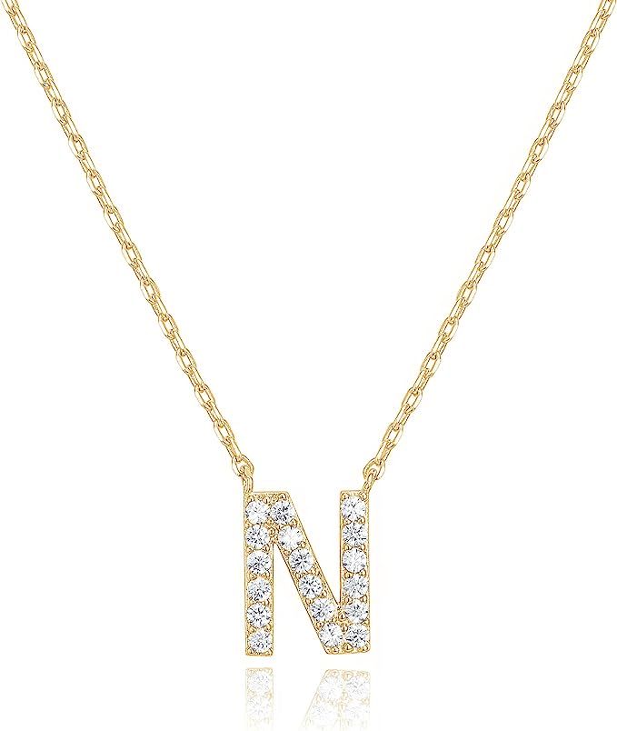 PAVOI 14K White Gold Plated Cubic Zirconia Initial Necklace | Letter Dainty Necklaces for Women | Amazon (US)