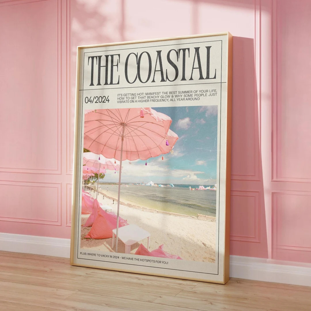 Girly Coastal Wall Art Pink Parasol Print Beachy Magazine Cover Trendy Newspaper Wall Art Coastal... | Etsy (US)