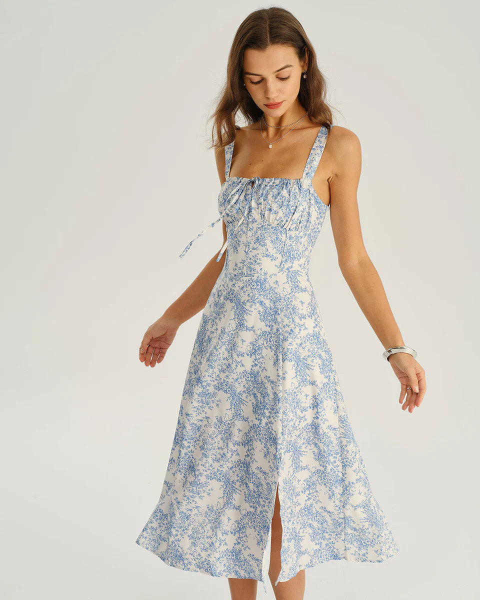 Blue Floral Ruched Slip Midi Dress | rihoas.com