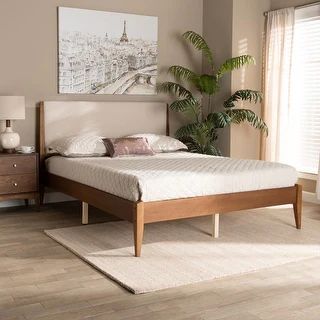 Lenora Mid-Century Modern Fabric Upholstered Wood Platform Bed - Beige - King | Bed Bath & Beyond