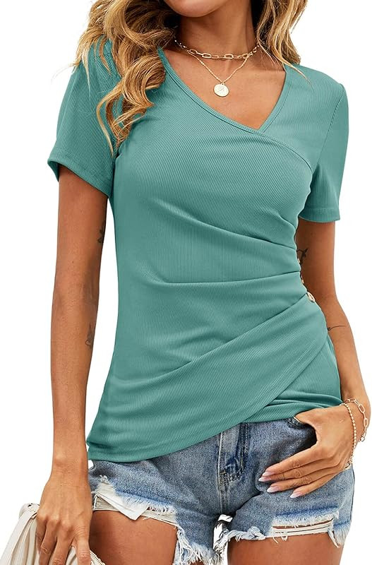 Women's Asymmetrical V Neck Slim Fitted Tops Short Sleeve Cross Wrap Shirt with Side Button Print... | Amazon (US)