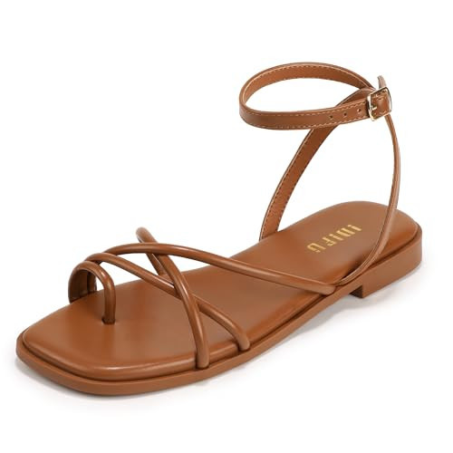 IDIFU Brown Strappy Flat Sandals for Women Square Open Toe Ankle Strap Dressy Summer Beach Wedding Party Comfortable Trendy Thong Flip Flop Slide Ladies Sandals (Brown Pu, 8) | Amazon (US)