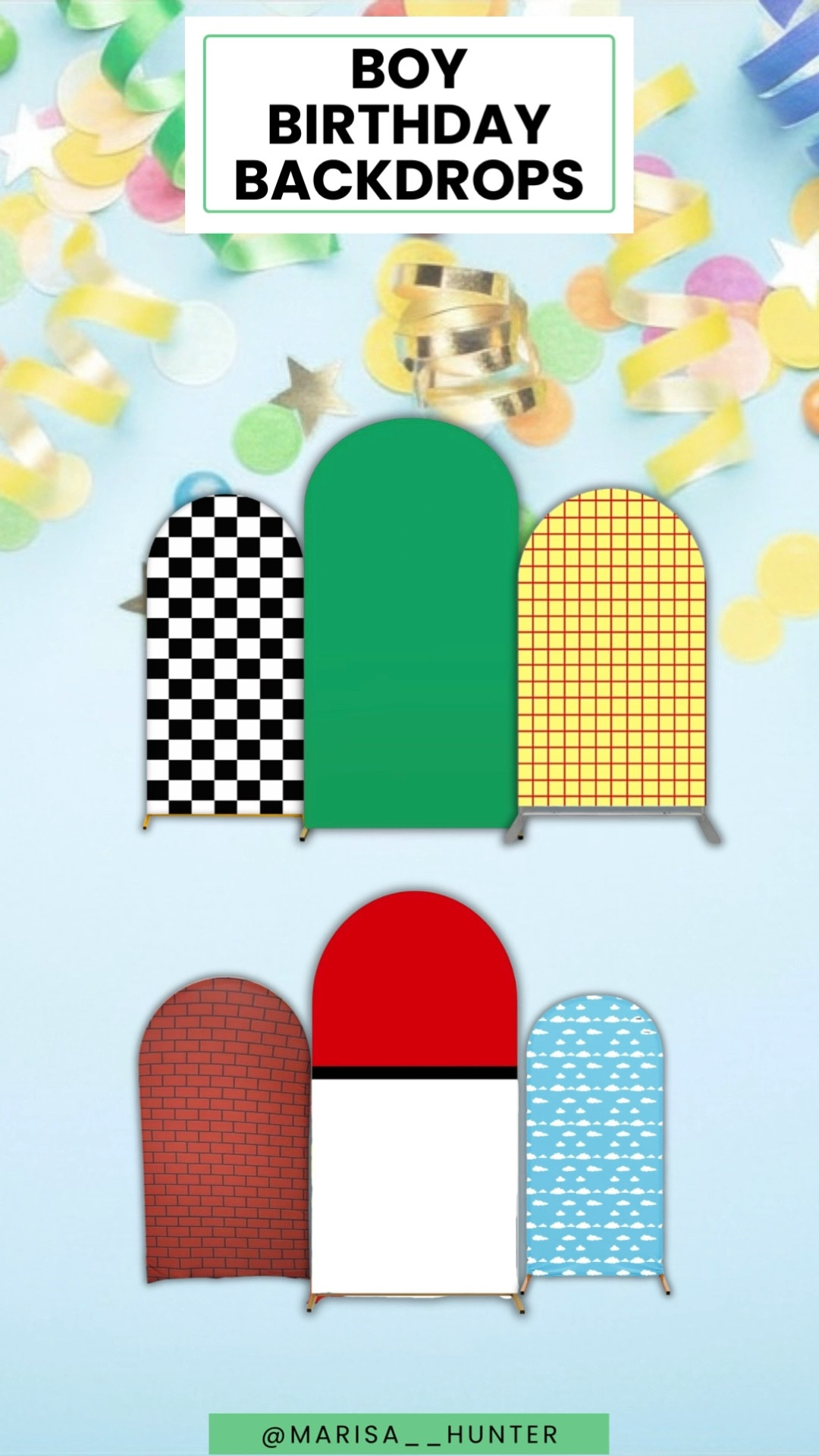 Boy birthday backdrops 

Toy Story Pokemon Mario bros Minecraft cars Mario kart sports baseball soccer red green blue hot wheels 
Arch backdrop 
#ltkparties 

#LTKKids
