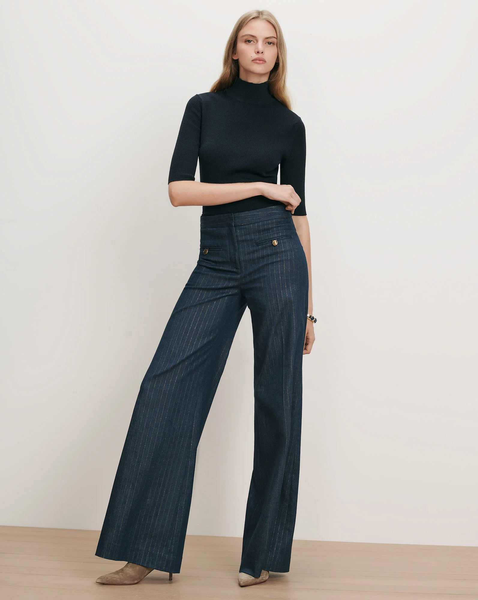 Ledger Wide-Leg Denim Pant in Blue Pinstripe Medium Indigo/Copper | Veronica Beard | Veronica Beard
