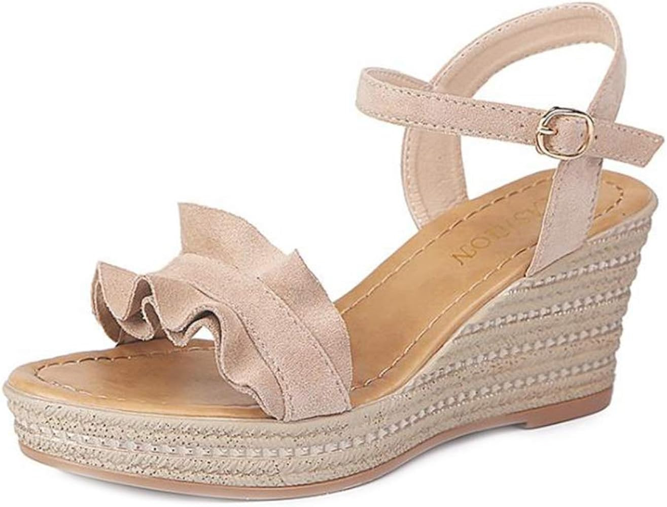 MIOKE Women's Espadrille Wedge Sandals Ruffles Open Toe Buckle Strap Chunky High Heels Platform S... | Amazon (US)