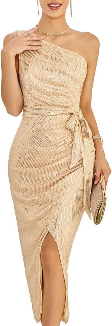 Women Sleeveless One Shoulder Sequin Dress Sparkly Glitter Wrap Dress Cocktail Wedding Maxi Dress... | Amazon (US)