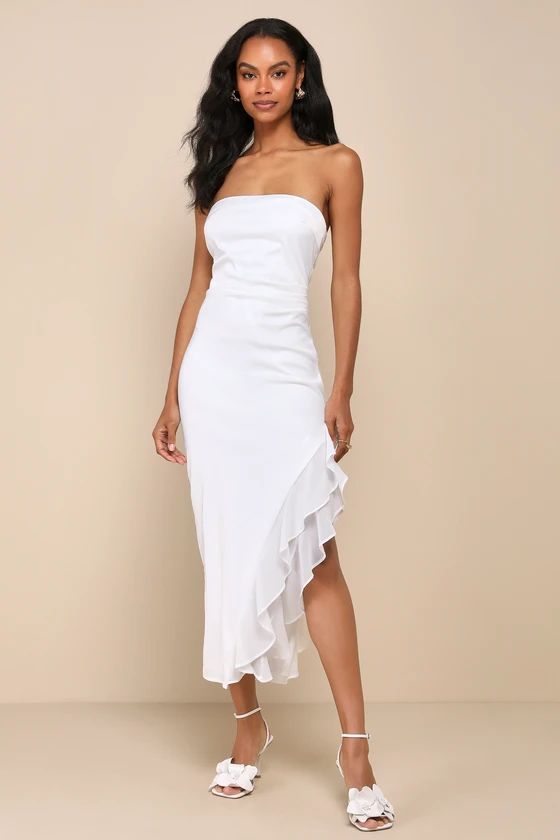 Graceful Perfection White Satin Ruffled Strapless Midi Dress | Lulus
